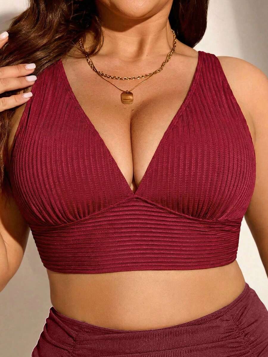 Swim Lushoire 大码纯色V领修身露背比基尼上衣 - 酒紅色 - 查看 1