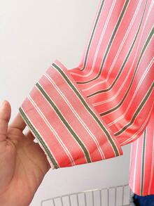 INAWLY Áo sơ mi nữ dài tay kẻ sọc, cài một hàng khuy, kiểu dáng thường ngày. - trái cam - Xem 8