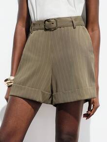 Aveloria Modichic Women's Pinstripe Suiting High Waisted A-Line Shorts With Matching Belt,Khaki,Summer,Chic,Office Business Casual Retro Cuffed Hem Invisible Zipper - Khaki - View 6