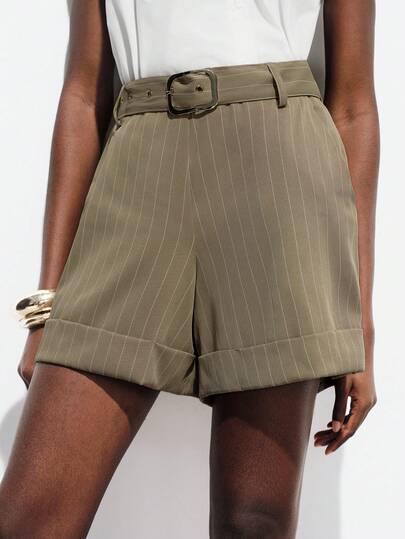 Aveloria Modichic Women's Pinstripe Suiting Fabric High Waisted A-Line Shorts With Matching Belt And Cuffed Hem Invisible Zipper Design Business Casual City Retro Style Work Outfits For Women Office Outfits For Women Business Professional Women