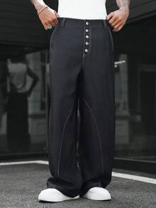 SLATEMANN Men's Solid Color Button Front Pocket Relaxed Pants - Black - View 6