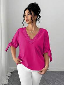 Elenzga Blus Wanita Ukuran Besar Elegan Model Off-Shoulder Leher Bulat Ruffle Ikat Lengan Setengah dengan Hiasan Mutiara - Hot Pink - View 3