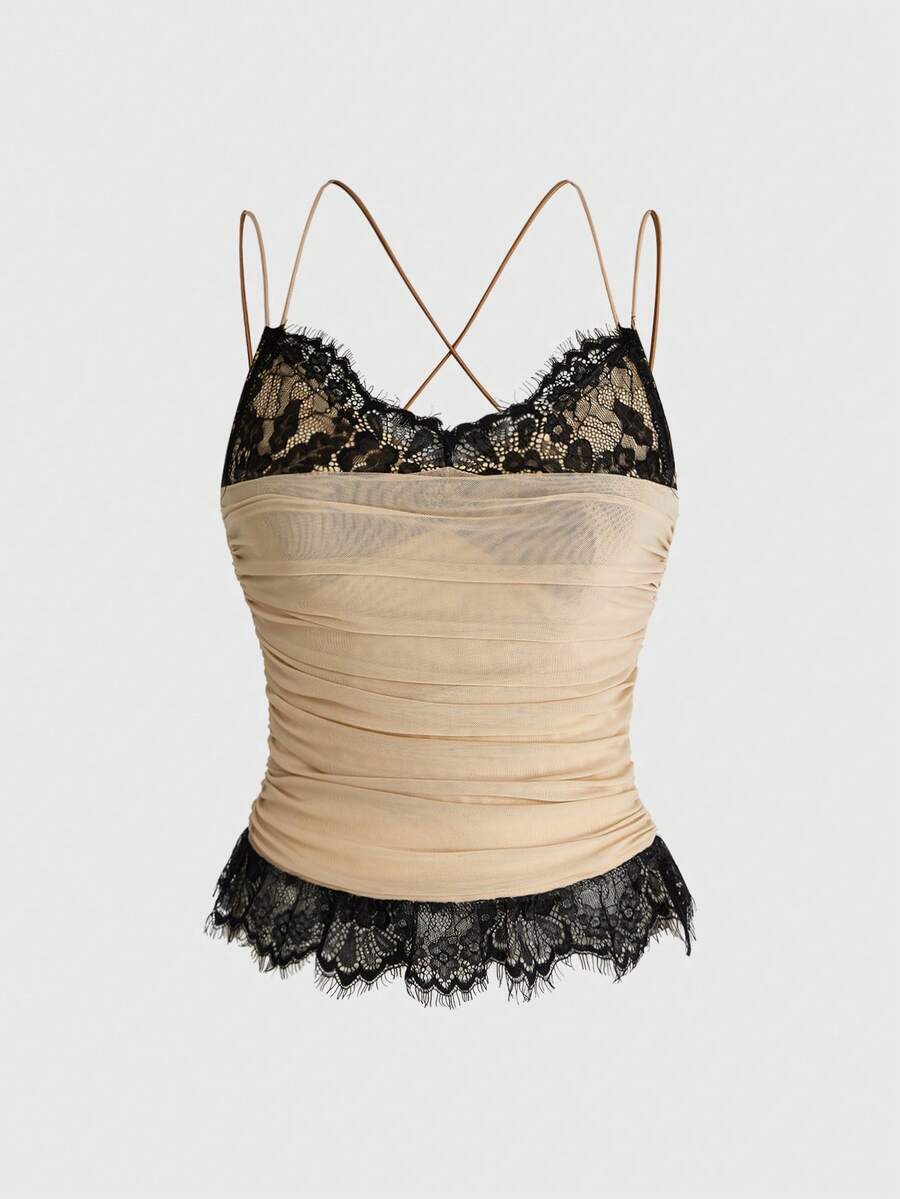 ROMWE Avant Sexy Avant Colorblock Lace Patchwork Mesh Ruched Waist Top For Women - Multicolor - View 1