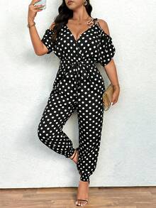 Elenzga Women's Black And White Off-Shoulder V-Neck Loose Casual 80s Jumpsuit, Summer Vacation - Black - View 4