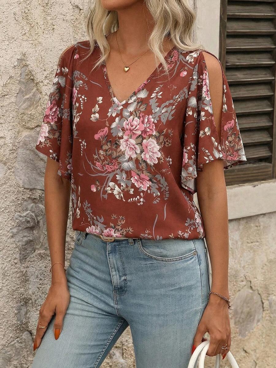 SHEIN Clasi 女士V领印花荷叶袖开衩下摆衬衫 - 棕色 - 查看 1