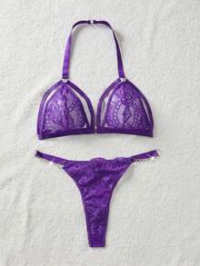 SHEIN Conjunto de lencería sexy con sujetador de encaje calado con cierre delantero y tanga tipo g-string para salir - Morado - Ver 5