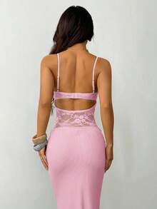 SHEIN PETITE 女士吊带蕾丝透视连衣裙，性感派对装、约会装、节日装，适合秋冬季节，可作内搭。 - 淺粉色 - 查看 2