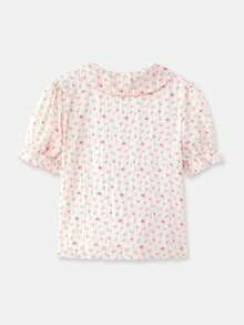 lacRébo White Shirt With Multicolored Floral Print, Scalloped Details, Pleats, And Lace Cute Pink Flower Top Office Top Going Out Top Spring Summer French Style Parisian Style Women's Tops And Blouses Floral Print Blouse Ladies Clothes Puff Sleeve Blouse Scalloped Collar Top - White - View 8