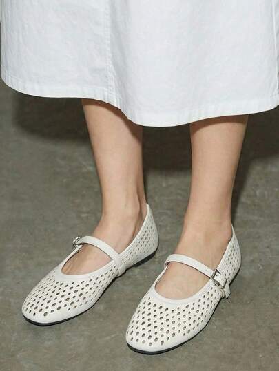 女士芭蕾舞鞋，透气镂空圆头玛丽珍鞋，白色