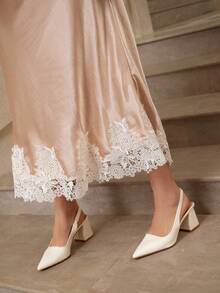 VOLUPTÉ CURVE Summer Coral Pink Dress, Plus Size Elegant Lace Patchwork Satin Dress, Flowy A-Line Fishtail Hem Summer Dress For Women, Elegant Dress For Women - Champagne - View 7