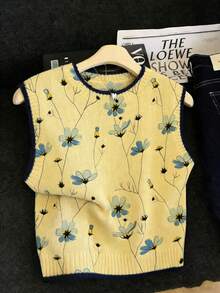 EMERY ROSE Plus Size Women's Yellow Autumn Cute School Back-To-School Fashionable Minimalist Casual Color-Blocked Trim Print Crew Neck Sweater Vest Outfits Fall - Yellow - View 6