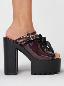 ROMWE Giày sandal cao gót hở mũi gợi cảm viền ren dành cho nữ, phong cách punk gothic thanh lịch, khóa pha lê lấp lánh, quai đôi, kiểu xỏ chân, đế dày chống thấm nước, gót chunky, giày nữ mùa xuân/hè thích hợp cho các bữa tiệc hộp đêm/lễ hội. - Màu Đỏ Sâu - Xem 4