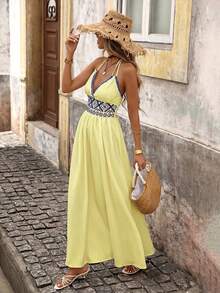 Brillora Women's Vacation Casual Geometric Print Backless Dress,Summer Dresses For Women Spaghetti Strap Boho Long Yellow Embroidered Maxi - Light Yellow - View 5