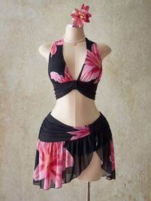 SHEIN ICON 大码女装 Y2K 度假风外出印花露脐吊带上衣和低腰印花迷你裙套装，夏威夷伊比沙岛穿搭 - 黑色 - 查看 3