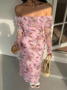 Sunnyshic Đầm maxi dài tay bồng trễ vai, eo thắt, họa tiết hoa, thanh lịch, thích hợp cho nữ, đi nghỉ mát, mặc hàng ngày, đa năng, mùa xuân/hè. - Hồng - Xem 3