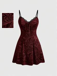 ROMWE Goth Vestido de tirantes de línea A con patchwork de encaje y terciopelo estampado - Burdeos - Ver 1