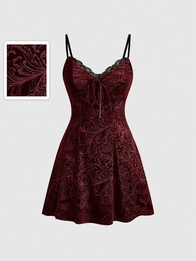 ROMWE Goth Đầm slip dáng chữ A bằng nhung dập nổi phối ren và vải dệt kim