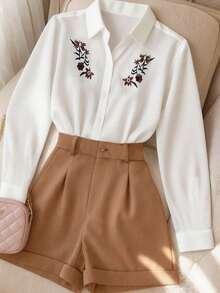 Franclia 复古休闲绣花领长袖纽扣衬衫 + 休闲卷边短裤女款两件套 - 藍白色 - 查看 1