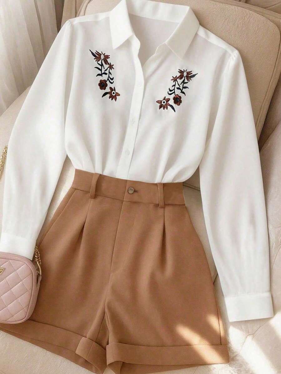 Franclia 复古休闲绣花领长袖纽扣衬衫 + 休闲卷边短裤女款两件套 - 藍白色 - 查看 1