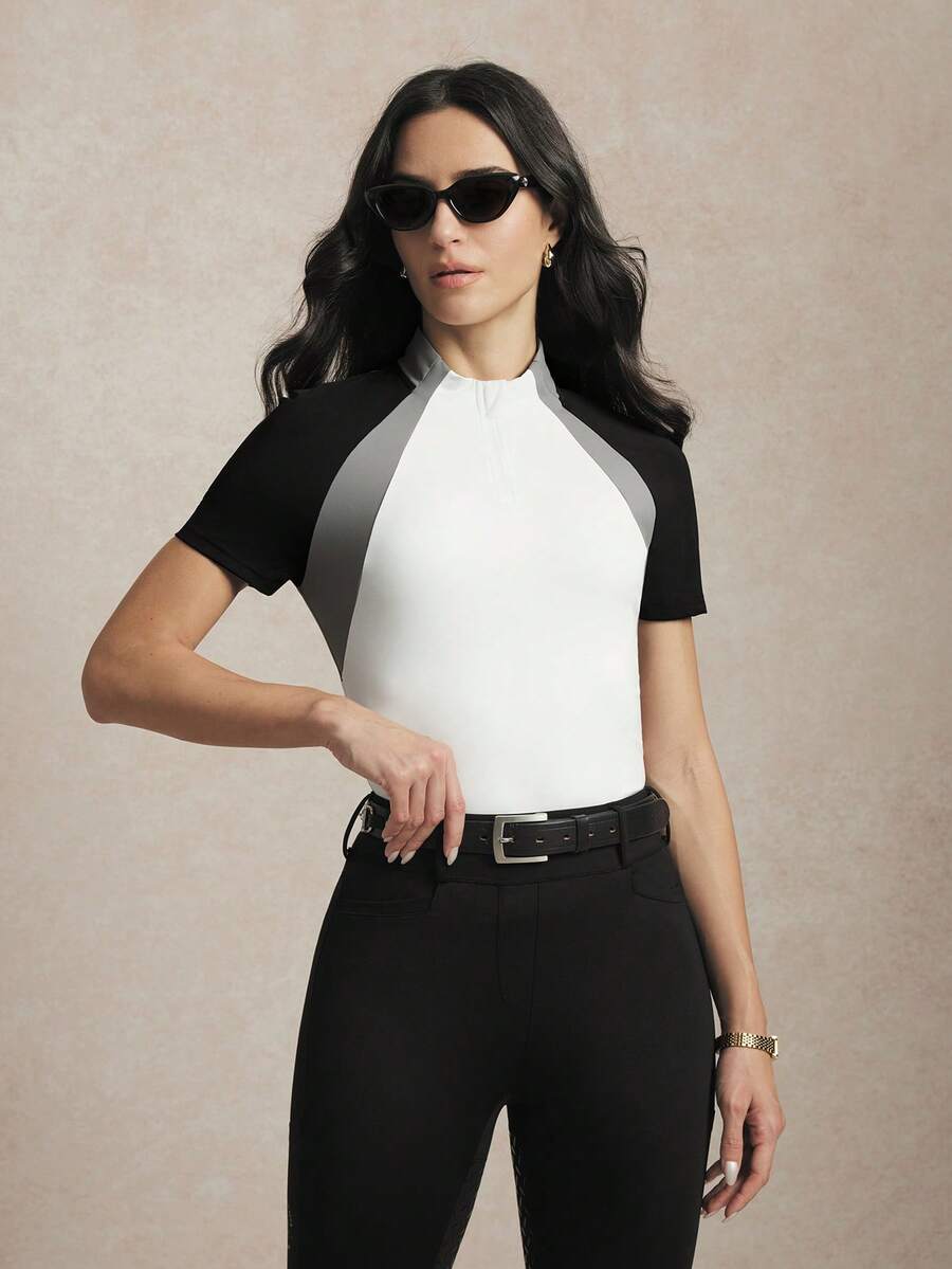 Activina Atasan Berkuda Wanita dengan Kerah Tegak dan Resleting Setengah, Jaket Kasual Lengan Raglan Pas Badan dengan Bahan Elastis Empat Arah yang Ramah Kulit - Putih - View 1