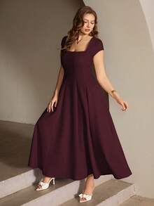 Roveilla Plus Size Women's Square Neck Short Sleeve Maxi Dress, Formal Elegant 1950s Vintage Burgundy Summer French Style Pleated Hem Party Evening Wedding - Maroon - View 4