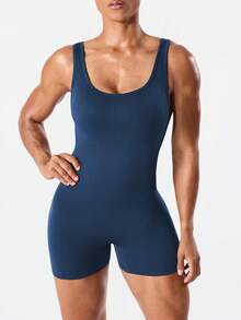 Seamluxe SHEIN Sport Salopetă de sală pentru femei, culoare solidă, fără cusături, cu spate, body, costum de sală, salopetă de antrenament, body, haine de antrenament pentru femei, costum de antrenament, îmbrăcăminte de fitness, salopete de sală, push-up, body, ținută de fitness pentru femei - Albastru marin - Vizualizare 4
