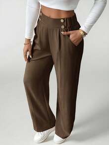 SHEIN PETITE Quần tây công sở nữ thanh lịch cài hai nút - Cà phê nâu - Xem 9