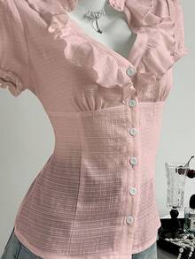 Elamini 女士白色V领荷叶边修身花瓣袖衬衫 - 粉色 - 查看 4