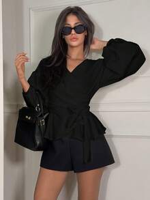 Ronhire Lantern Sleeve Surplice Belted Peplum Off The Shoulder Blouse - Black - View 4