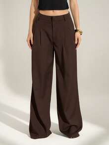 SHEIN Tall Quần ống rộng xếp ly cạp cao phong cách công sở sang trọng, thanh lịch – Quần tây dáng suông màu trơn, trang phục công sở chuyên nghiệp, quần tây công sở may đo thời trang dành cho nữ. - màu nâu - Xem 3