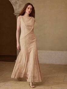 MOTF PREMIUM VESTIDO LARGO DE ENCAJE ELEGANTE PARA MUJER CON DISEÑO ESTRUCTURAL, PRIMAVERA/VERANO - Rosa vieja - Ver 5