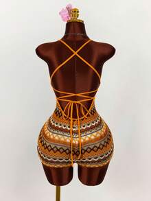 Amplova Spaghetti Strap Triangle Cup Textured Bohemian Style Backless Criss-Cross Strap Bodycon Romper - Orange - View 8