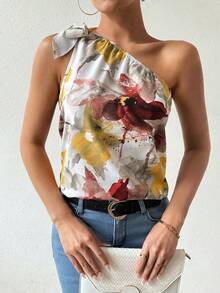 Breezaya Blusa asimétrica sin mangas con estampado de flores y hombro descubierto - Multicolor - Ver 5