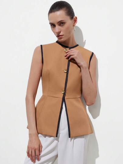 Aveloria Modichic Elegant Round Neck Contrast Color Waist Fitted Women's Caramel Blazer Vest, Contrast Trim, Stand Collar Button Design, Slim Fit, Minimalist Chic Style, Suitable For Spring/Autumn Office Wear