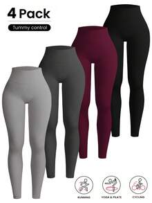 Velisys Bộ 4 món + Quần thể thao cơ bản bằng vải thấm hút mồ hôi, thiết kế nâng mông, nhiều màu sắc, quần tập thể dục/yoga không đường may. - Nhiều màu - Xem 2