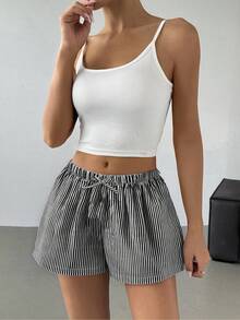 SHEIN Shorts de rayas de tiro bajo para adolescentes para vacaciones de verano, shorts casuales para la playa y el hogar - Negro - Ver 3