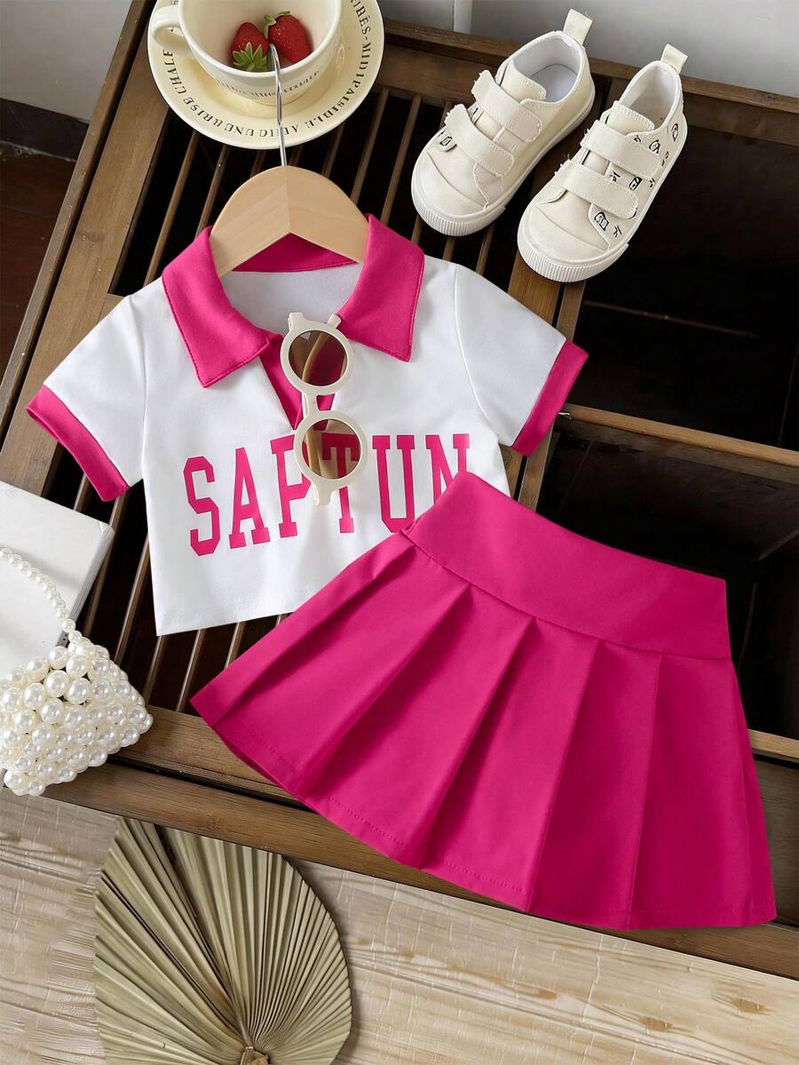 SHEIN Bộ 2 món cho bé gái sơ sinh/trẻ nhỏ 0-3 tuổi, phong cách thường ngày, gồm áo thun cổ chữ V tay ngắn và chân váy xếp ly, thích hợp cho mùa xuân/hè. - Màu Hồng Tươi - Xem 1