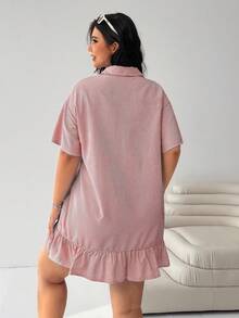 Solflare Plus Size Pink Sequin Striped Short Sleeve Ruffle Hem Splice Loose Casual 90s Cute Dress Summer Smart Back-To-School Vacation Commuting Daily - Redwood - View 2