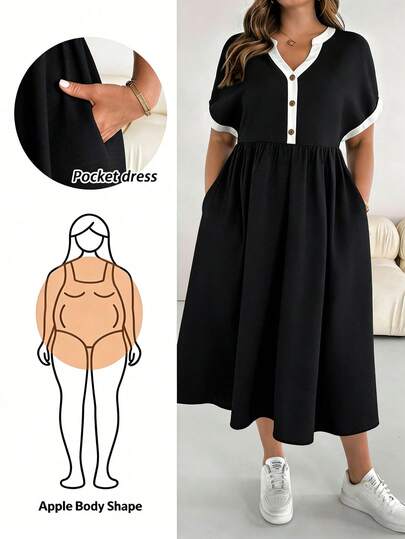 SHEIN Essnce Vestidos de mujer talla grande con bloqueo de color en el cuello y el escote, vestidos holgados, vestidos de verano de manga corta, ropa cómoda de talla grande, vestidos estampados, vestidos de resort, vestidos casuales de mujer, vestidos de vuelta al colegio, vestidos de iglesia de mujer, vestidos casuales de mujer, uniformes de maestros, faldas de burbuja de talla grande, ropa de mujer de otoño, vestidos profesionales, vestidos de salida, vestidos casuales.