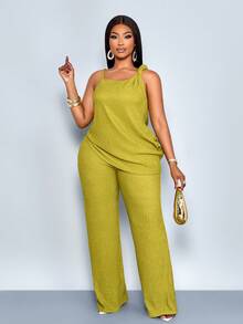 SOLERSUN 大码女装春夏时尚优雅性感休闲度假两件套，吊带背心长款上衣，不对称单肩设计，扭褶露背摆领，搭配长款阔腿裤，纯色草绿色针织面料，适合日常穿着、购物、约会、返校季、音乐节、海滩派对、圣帕特里克节、婚礼宾客等场合。 - 綠色 - 查看 4