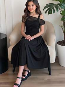 Đầm đen ôm dáng thanh lịch cho bé gái, phối lưới, hở vai, tay bồng, xếp ly, thích hợp dự tiệc, lễ Giáng sinh, phù dâu, dạ hội. - màu đen - Xem 5
