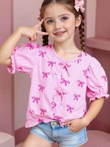Elladie kids 女童梭织面料蝴蝶结条纹数码印花衬衫，蝴蝶结装饰泡泡袖上衣，夏季女童上衣，女童衬衫，泡泡袖上衣，优雅女童衬衫，可爱娃娃衫，女童蝴蝶结上衣，适合夏季日常穿着、外出、旅行、度假、派对等场合。 - 粉色 - 查看 3