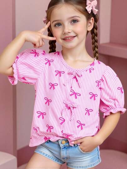Elladie kids Girls' Woven Fabric Bow Striped Digital Print Shirt, Bow Decor Puff Sleeve Blouse, Summer Girls Top, Girls Shirt, Puff Sleeve Blouse, Elegant Girls Blouse, Cute Doll Shirt, Girls Bow Top, Suitable For Summer Daily Wear, Outings, Travel, Vacation, Party And Other Occasions