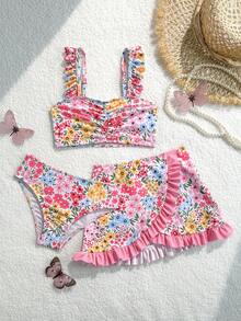 女童（小号）印花泳衣，荷叶边装饰，三件套 - 粉色 - 查看 3