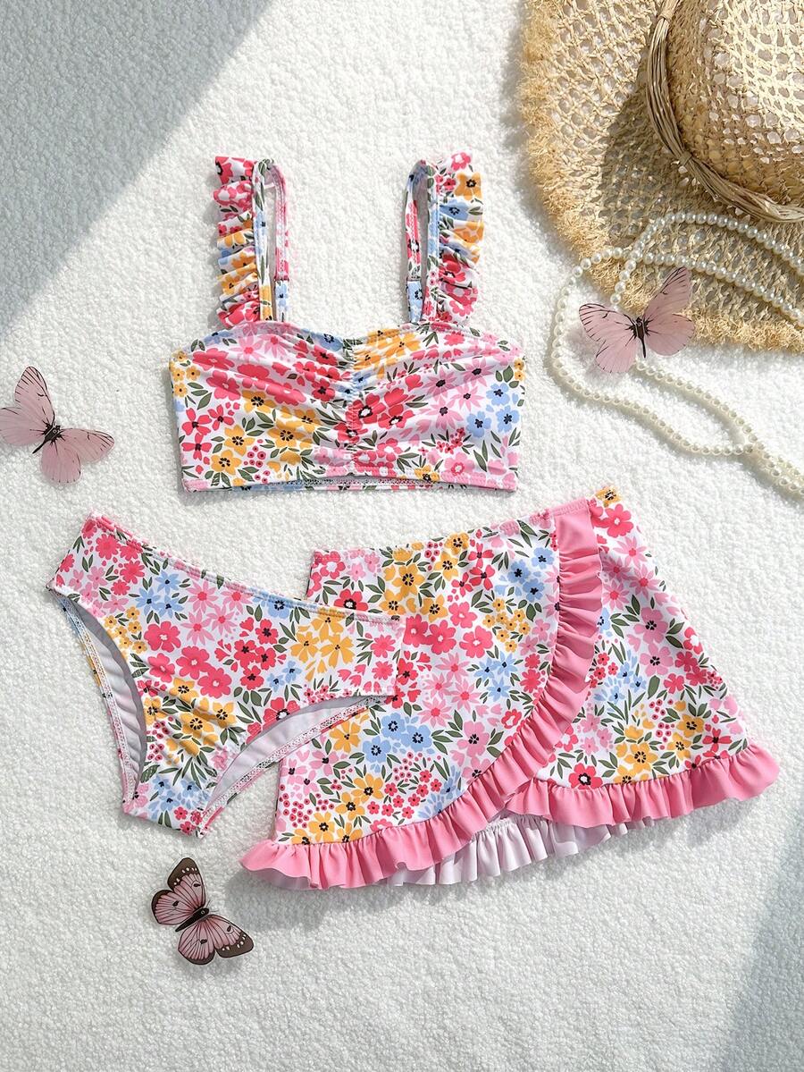 女童（小号）印花泳衣，荷叶边装饰，三件套 - 粉色 - 查看 1