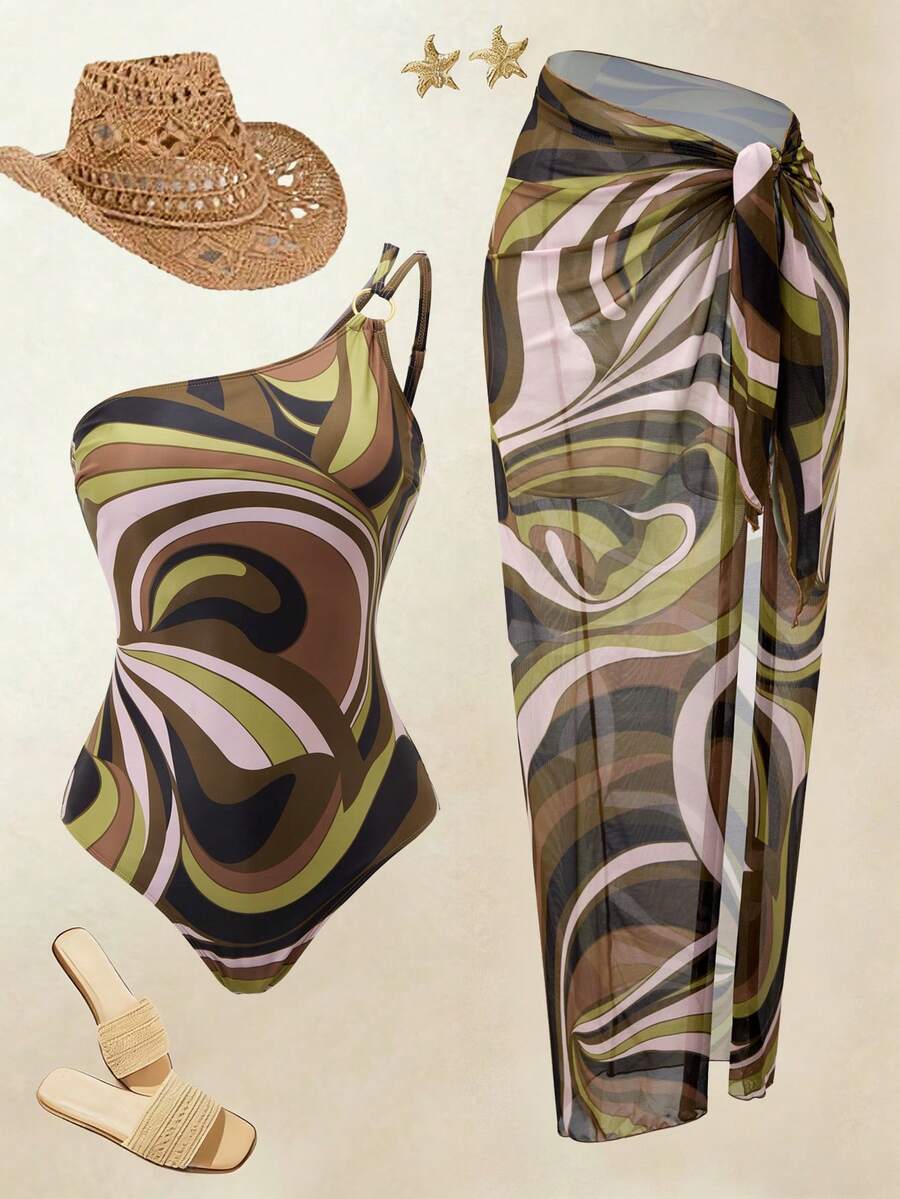 Swim Oasis 女士印花连体泳衣，配同款罩裙，度假必备 - 黑色 - 查看 1