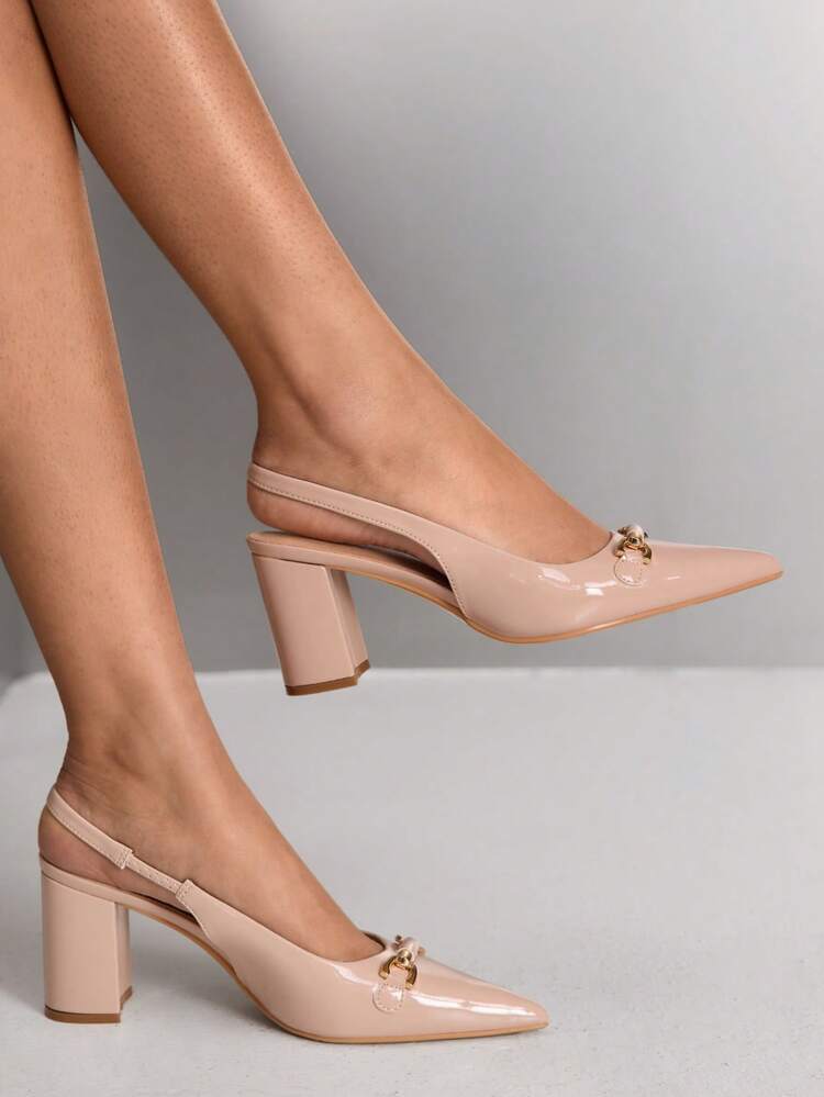 CUCCOO SZL Women's Pointed Toe Thick Heel High Heels, Metal Buckle Design, Solid Color, Sexy Elegant Stylish Pumps With Ankle Strap, Suitable For Commuting, Date, Afternoon Tea, Party, Evening, Daily Wear