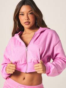 Missguided x Playboy 女士镶钻超大款短款拉链连帽卫衣，饰有闪亮细节和正面标志 - 粉色 - 查看 6
