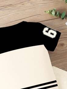 2pcs/Set Young Boys Casual Sports 66 Graphic Print Top And Numeric Print Shorts, Colorblock T-Shirt Outfit, Summer - Multicolor - View 5