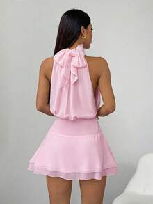 SHEIN PETITE 女士性感优雅露背雪纺褶皱腰身连衣裙 - 粉色 - 查看 2